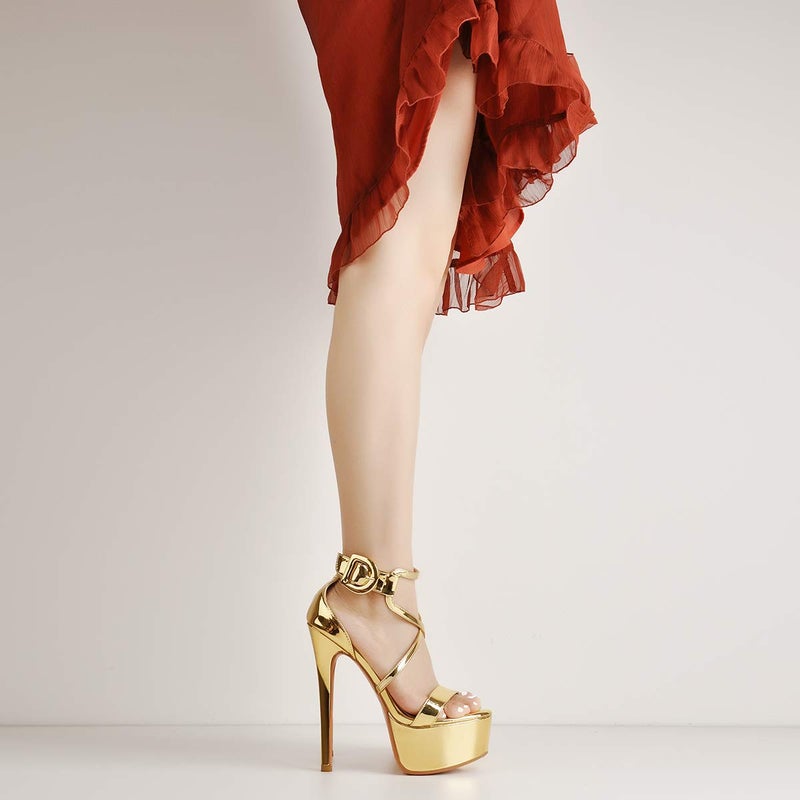 LISHAN Women's Shoes Stilettos Platform Ankle Strap Crisscross Sandals Open Toe Single Band Summer Heels Gold Size 7 - Image 2